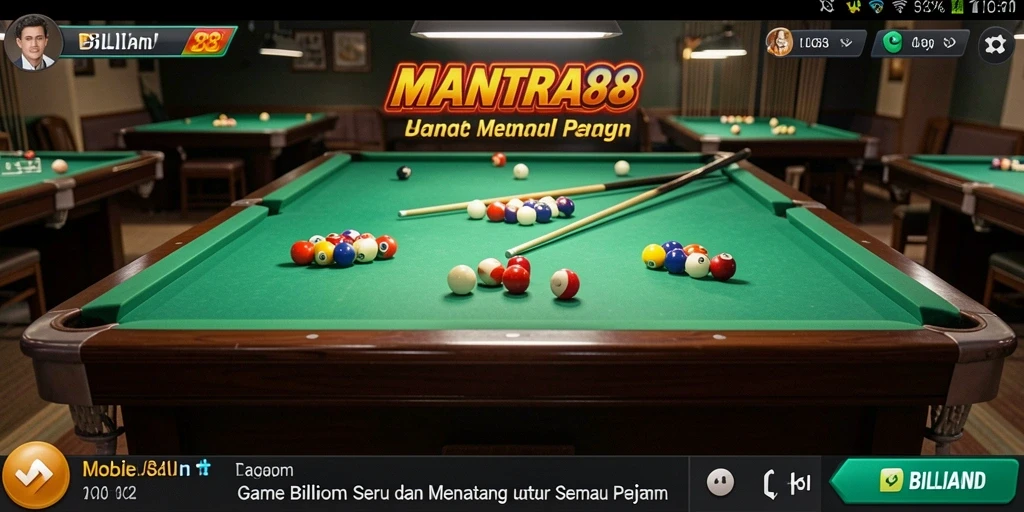 Tampilan utama <strong>MANTRA88</strong> dengan antarmuka permainan billiard yang menarik.